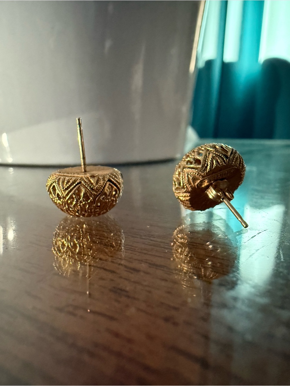 Vintage Monet Gold Tone Filigree Dome Stud Earrings - Picture 3 of 6